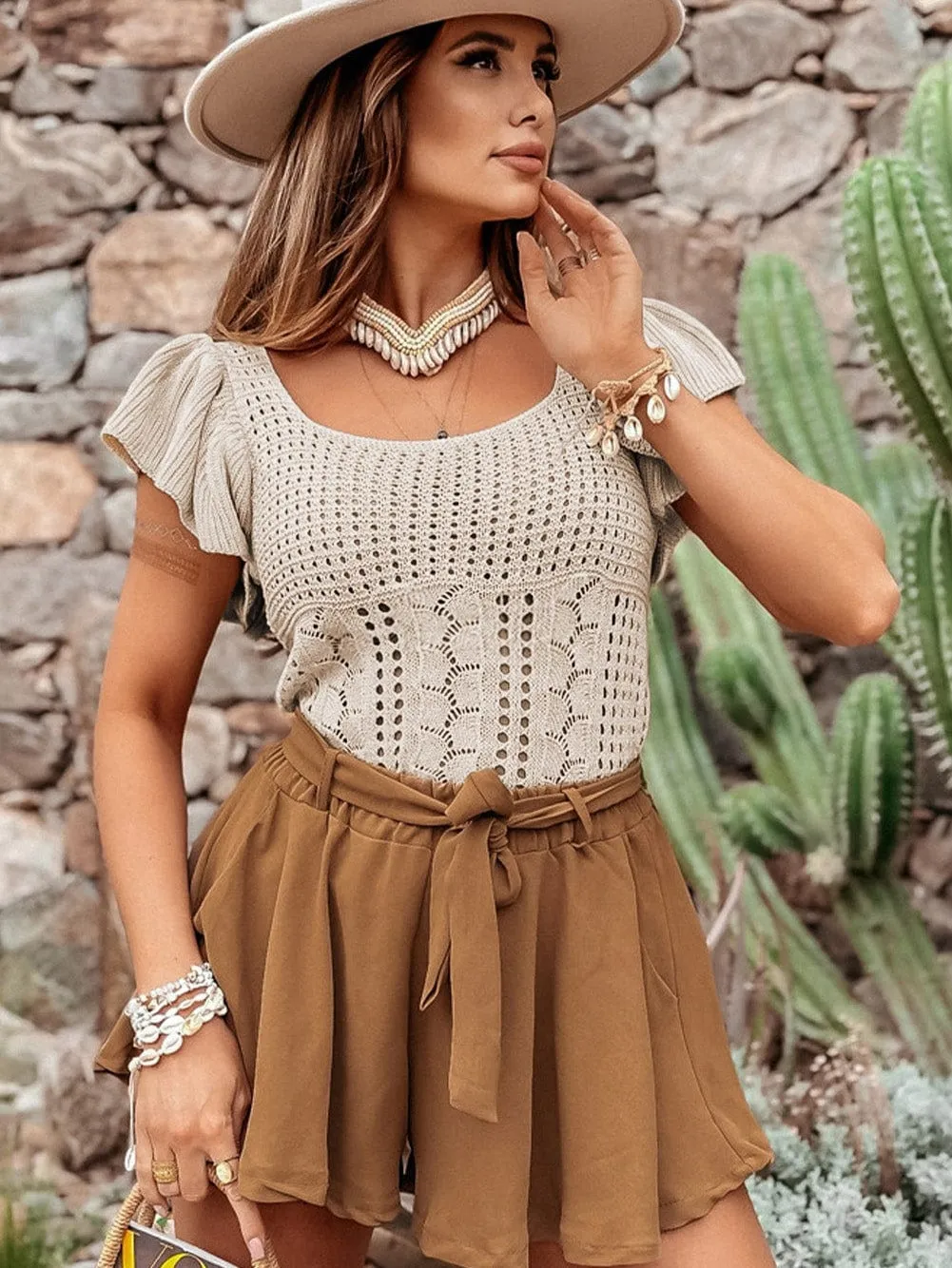 Beige Pointelle Knit Ruffle Sleeve Sweater for Chic Summer Styling