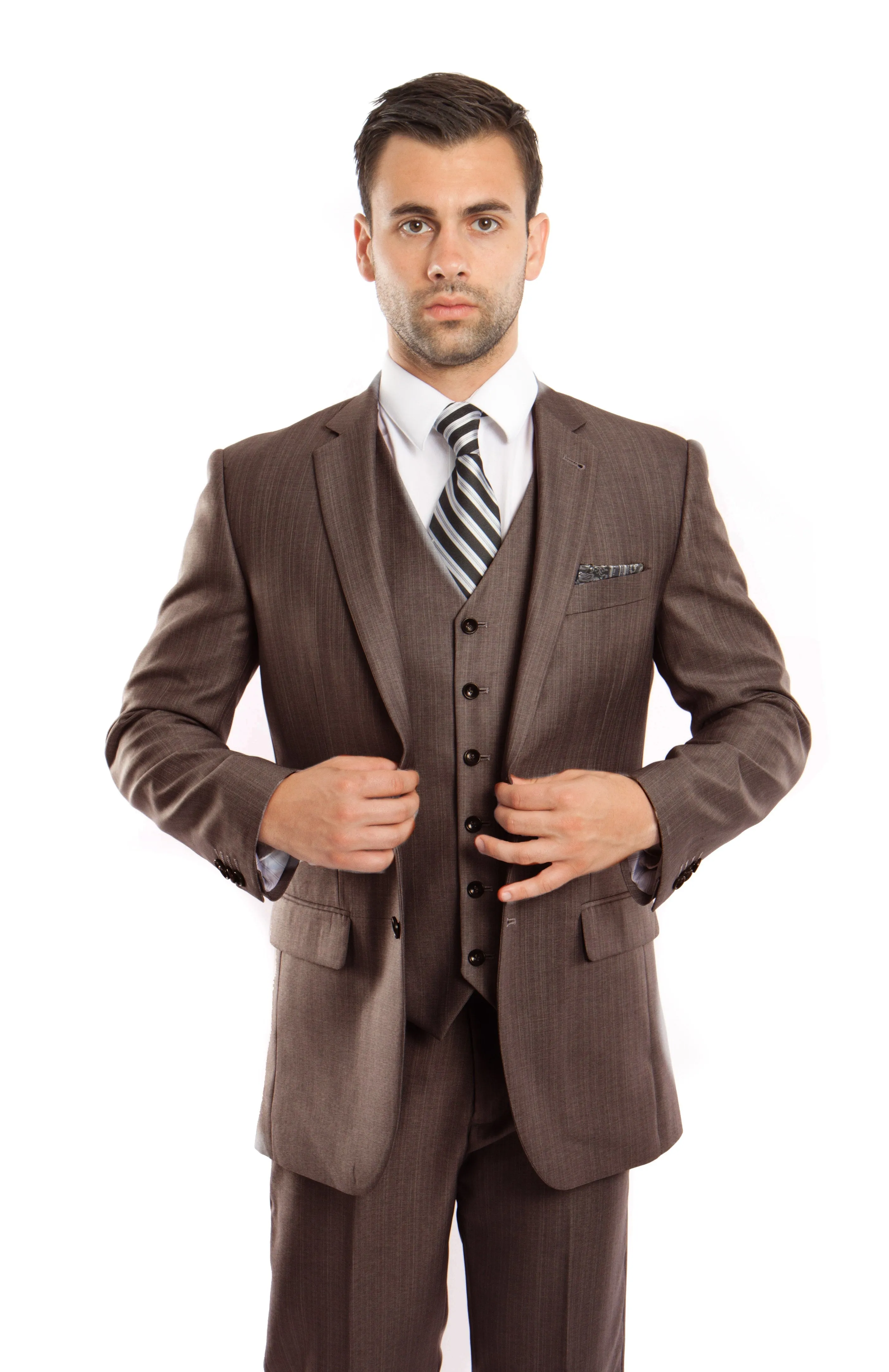 Brown Solid Shiny Sharkskin 3-PC Regular Modern Fit Suits