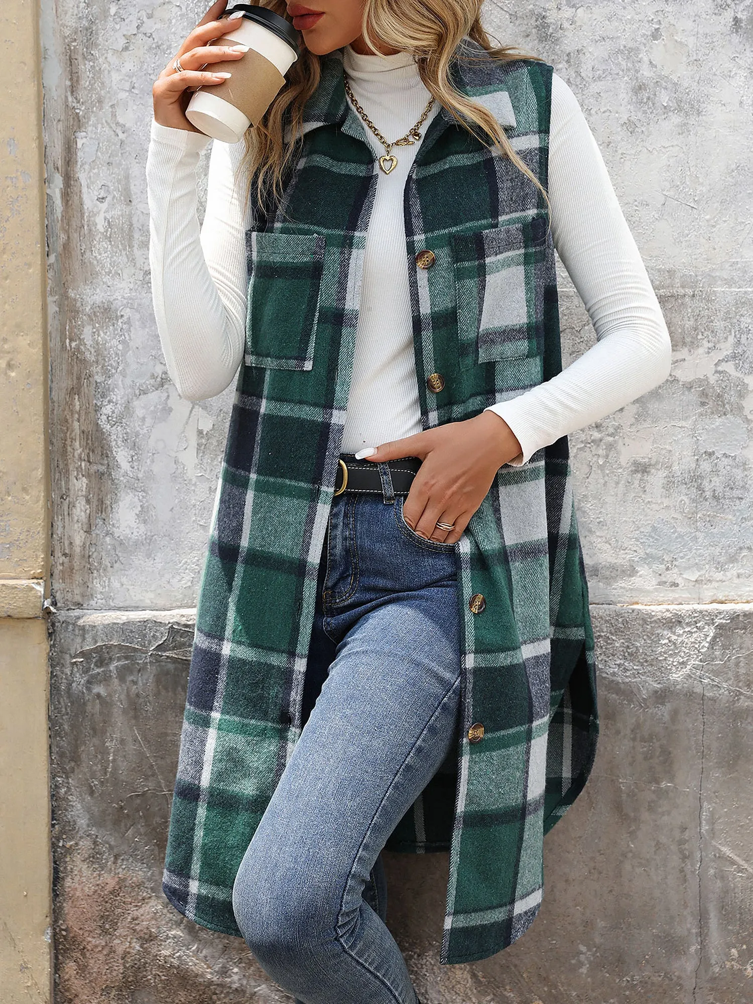 Brushed Collared Sleeveless Plaid Button Down Vest