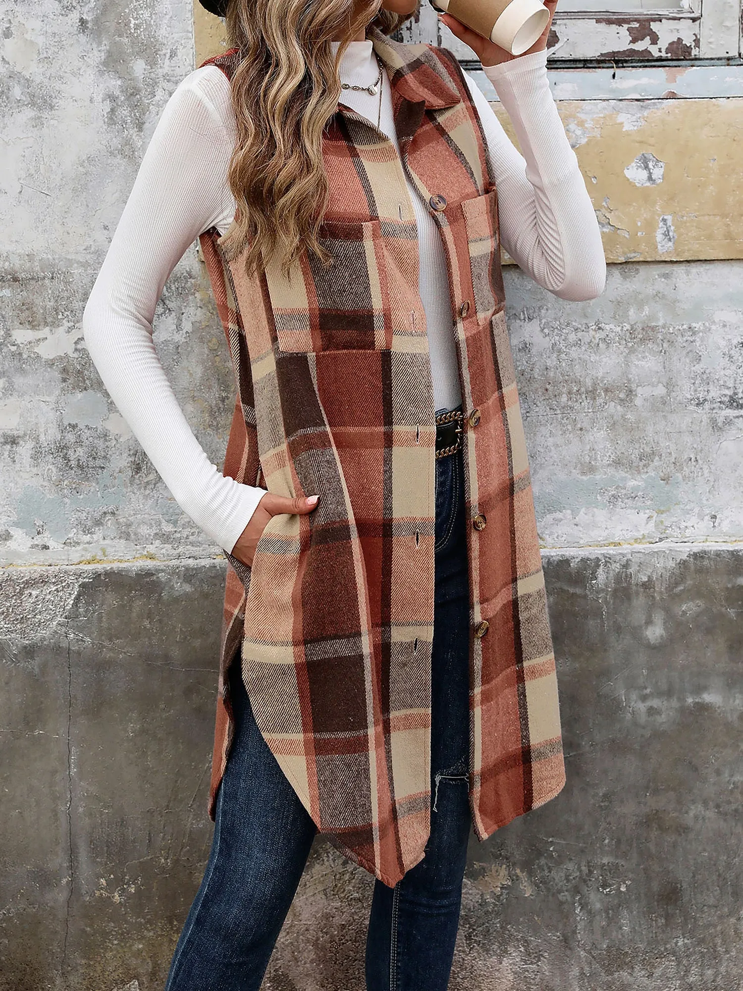 Brushed Collared Sleeveless Plaid Button Down Vest