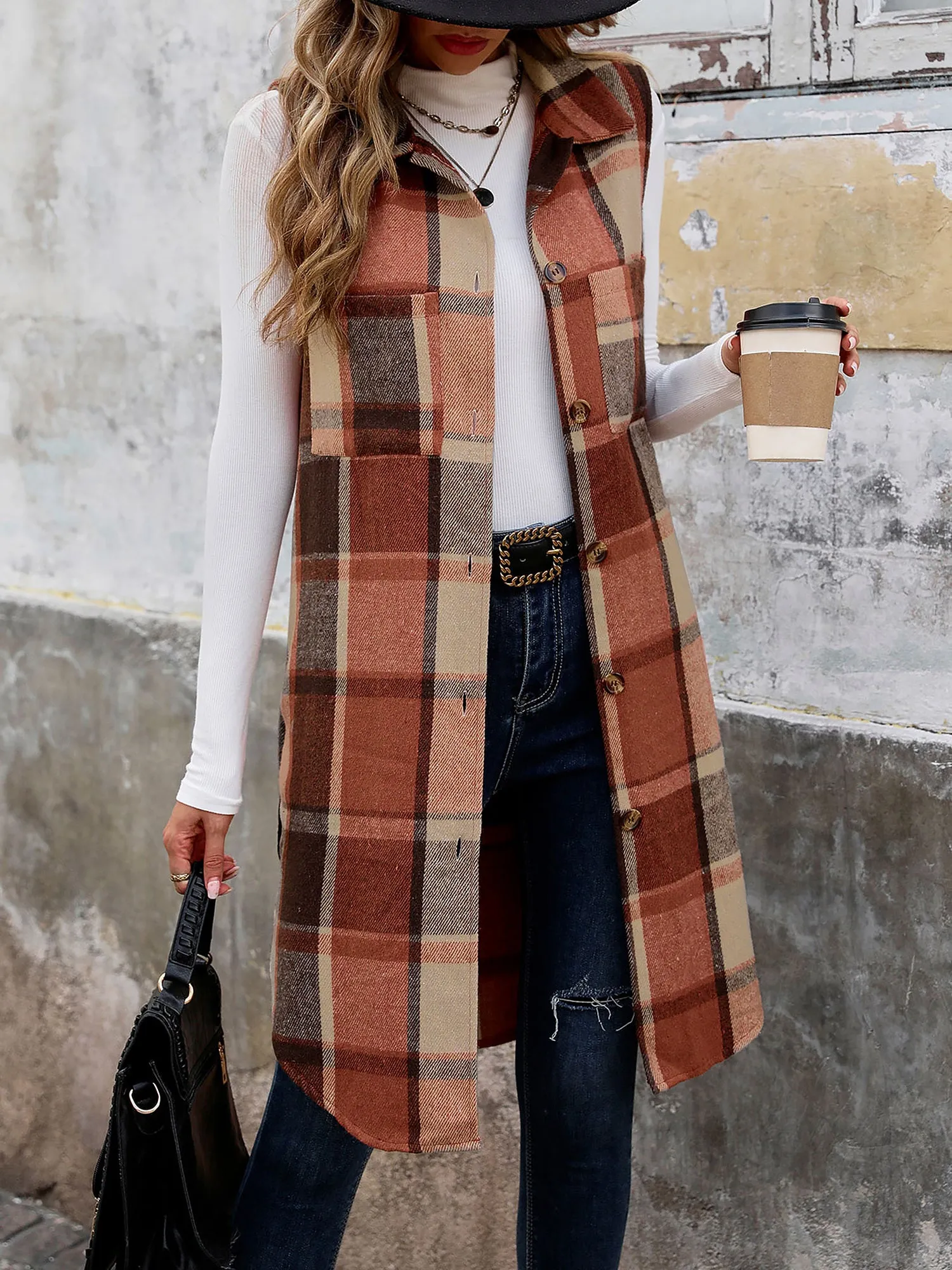 Brushed Collared Sleeveless Plaid Button Down Vest