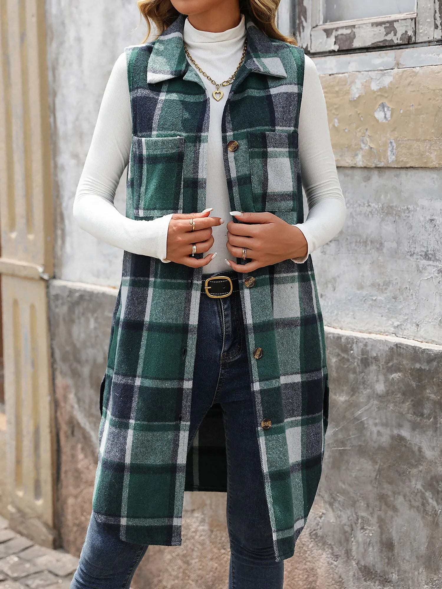 Brushed Collared Sleeveless Plaid Button Down Vest