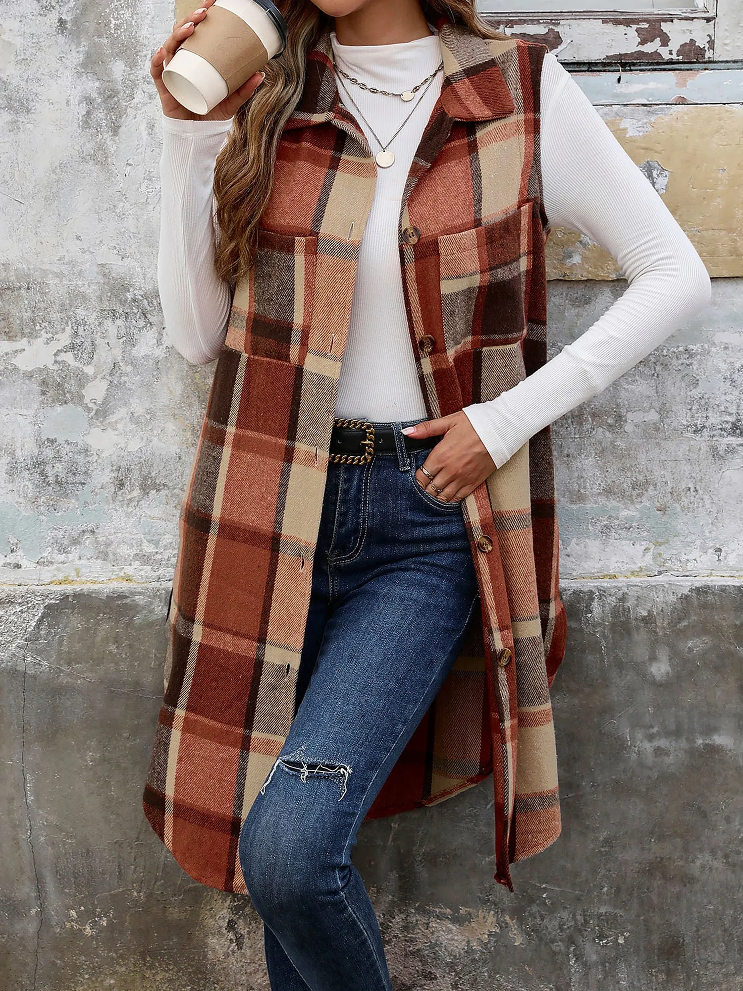 Brushed Collared Sleeveless Plaid Button Down Vest