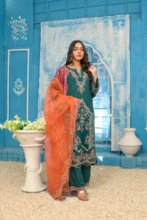 Dark Green Formal Suit with Pink, Gold and Orange Work with Dupatta