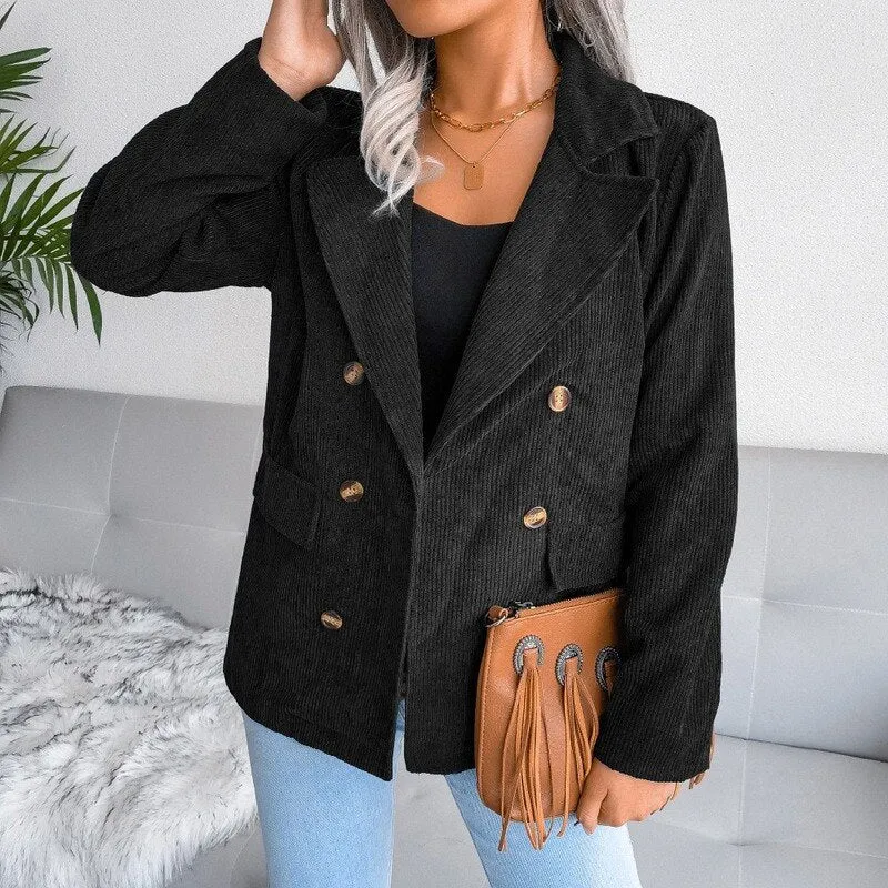 Fashionkova  Double-Breasted Suit Jacket Corduroy Coats Women Jackets Thick Women Clothing Slim Tops America Autumn And Winter Clothes 18119