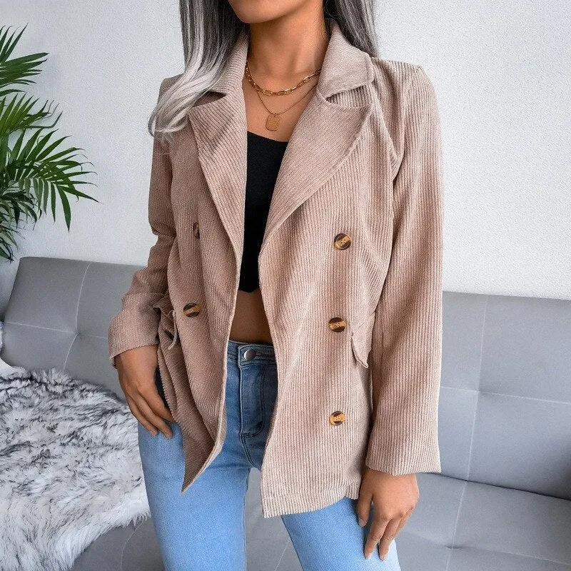 Fashionkova  Double-Breasted Suit Jacket Corduroy Coats Women Jackets Thick Women Clothing Slim Tops America Autumn And Winter Clothes 18119