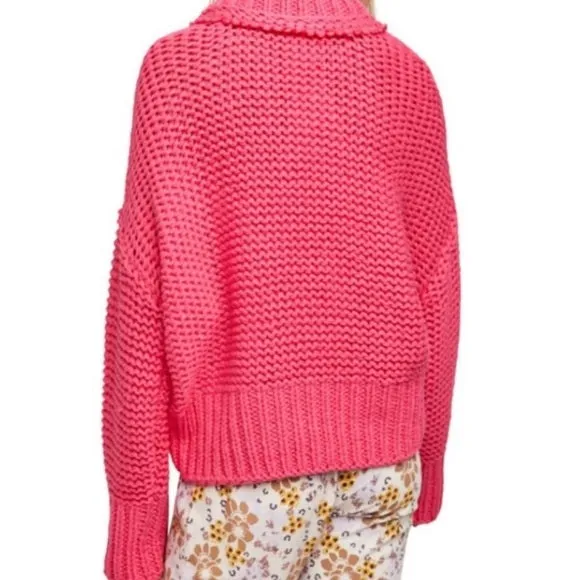 Free People Chunky Knitted Slouchy Pink Fireworks Sweater, Size Small