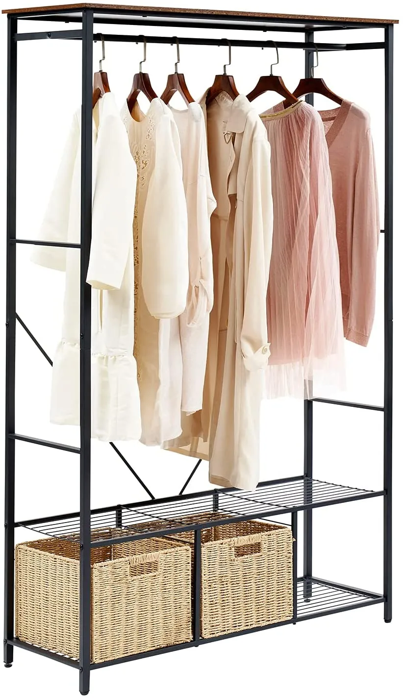 Free-Standing Garment Rack, Heavy Duty Storage Organizer with 5 Shelves and Hanging Rod