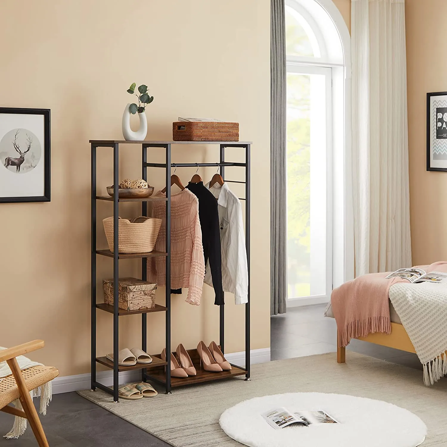 Free-Standing Garment Rack, Heavy Duty Storage Organizer with 5 Shelves and Hanging Rod