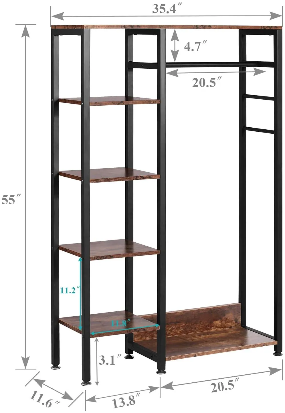 Free-Standing Garment Rack, Heavy Duty Storage Organizer with 5 Shelves and Hanging Rod