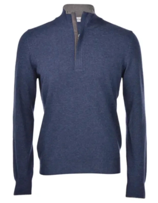 Gran Sasso 1/4 zip Pullover Sweater Denim Blue w/Taupe