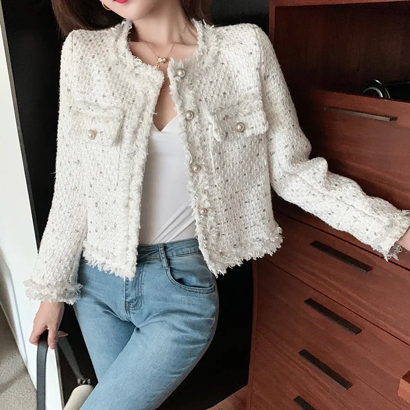 Joskaa 2024 Small Fragrance Women Tweed Outerwear Autumn Winter Single Breasted Tassel Blends Wool Female Long Sleeve Jacket Coat