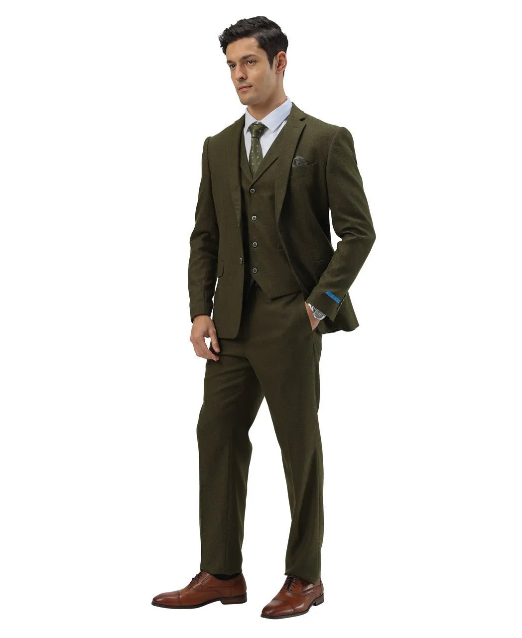 "Hybrid Fit" 3-Piece Tweed Suit with Notch Lapel by Sean Alexander - Olive