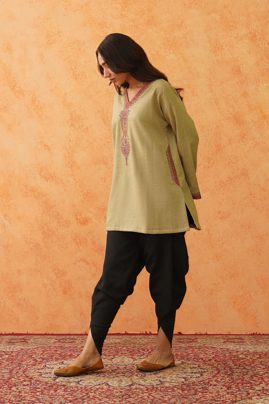 Safar Green Wool Firan Set with Dhoti