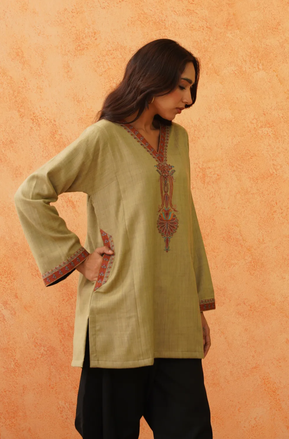 Safar Green Wool Firan Set with Dhoti