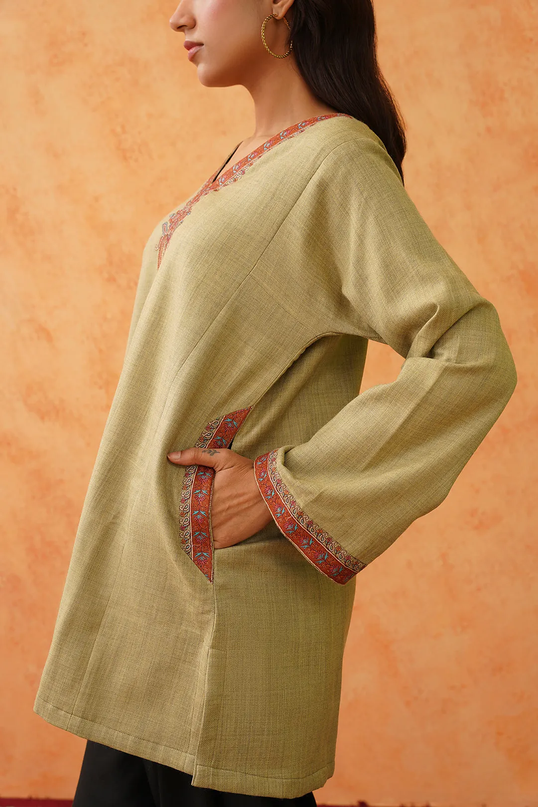 Safar Green Wool Firan Set with Dhoti