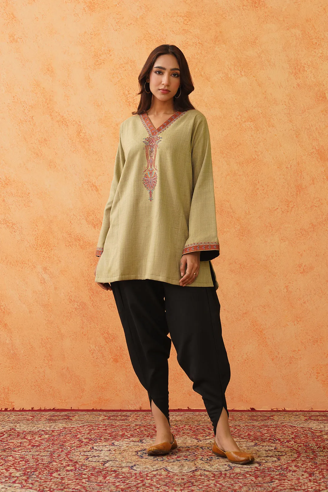 Safar Green Wool Firan Set with Dhoti