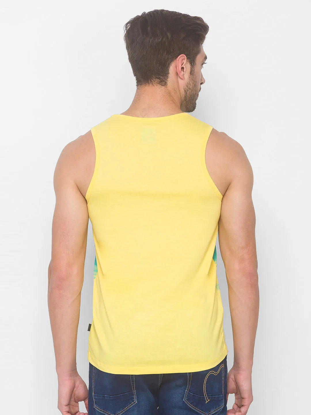 Spykar Men Green Yellow Cotton Slim Fit Round Neck Sleeveless Vest