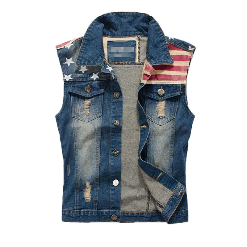 USA Design Men's Vest Jacket / Denim Vest American Flag / Blue Sleeveless Jeans Jackets