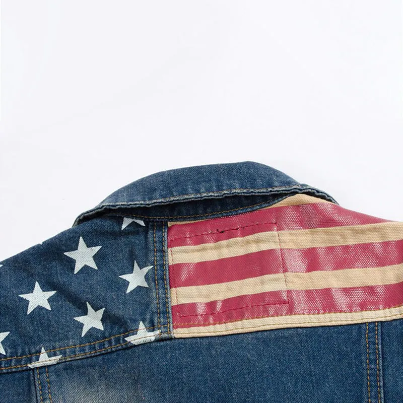 USA Design Men's Vest Jacket / Denim Vest American Flag / Blue Sleeveless Jeans Jackets