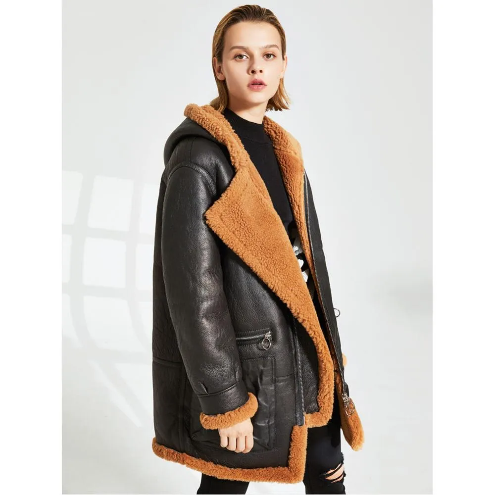 Womens Sheepskin Shearling Jacket Coat in Black with Warm Hooded